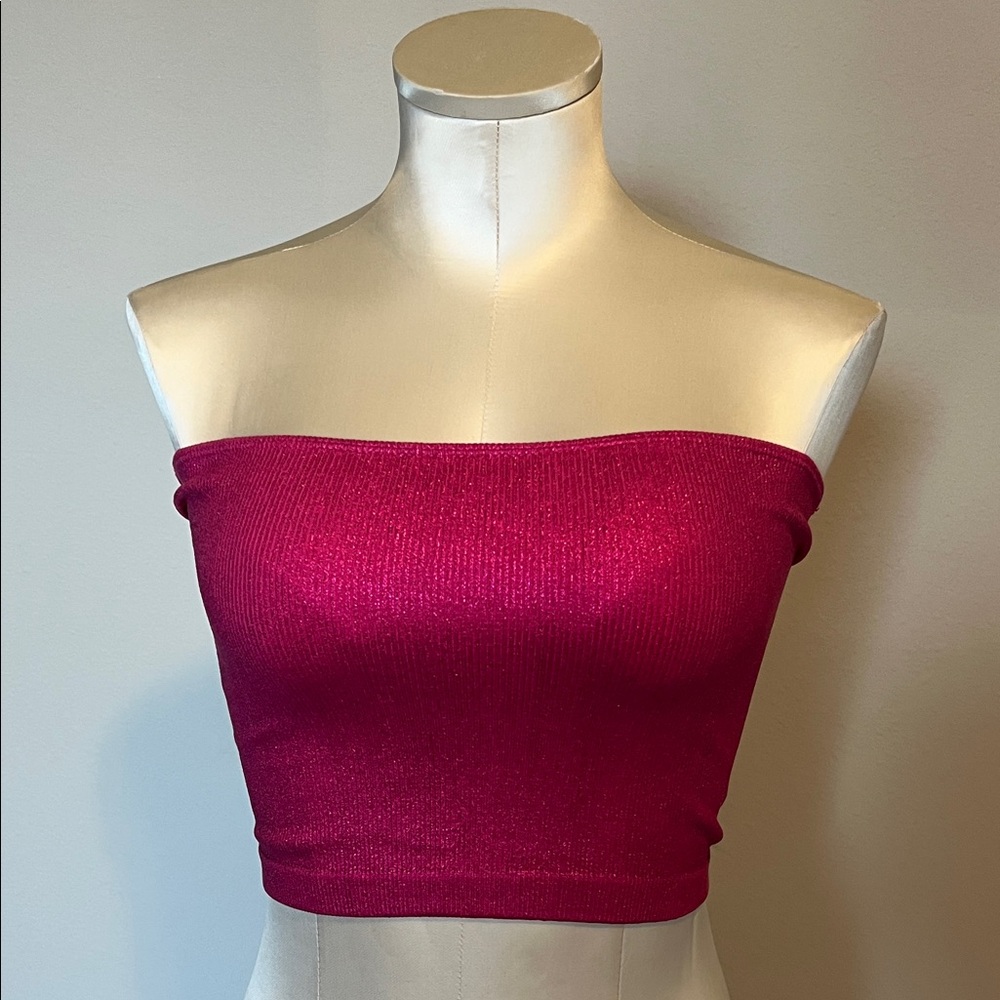 Magenta Strapless ribbed Crop Top